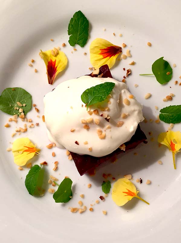Beetroot terrine with whipped goats cheese plate