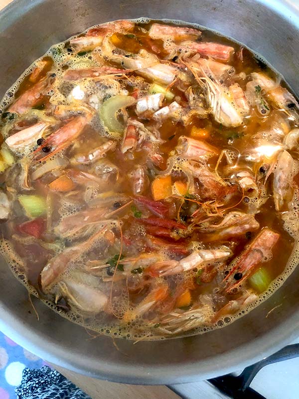Cooked prawn shells and vegetable broth