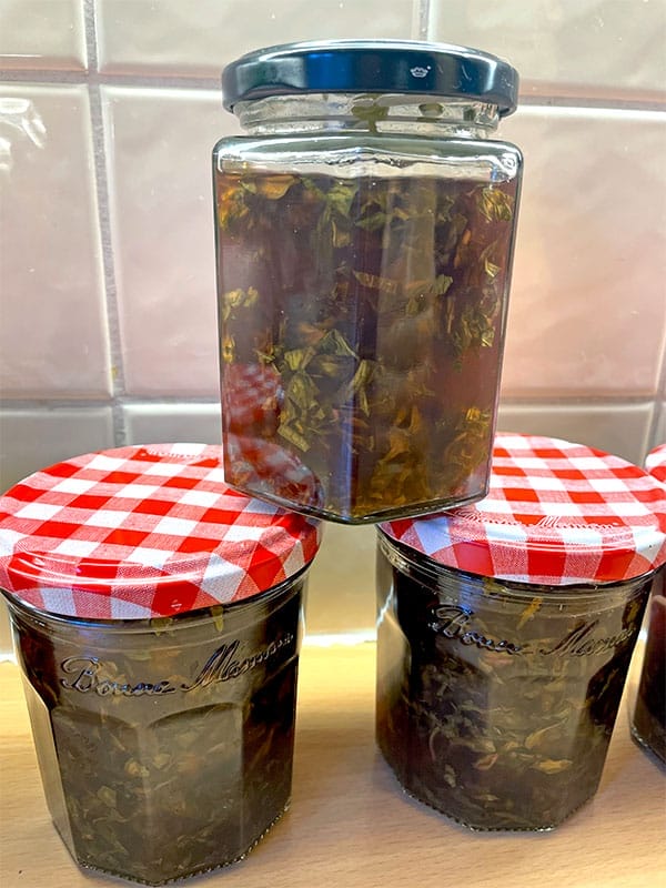 Raspberry Mint Jelly in storage jars