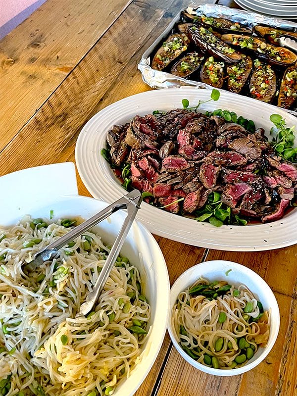 Seared Steak Salad served with noodle salad