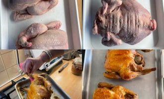 Four photos show two whole chickens: top left and right are raw, bottom left shows one being basted whilst roasting, and bottom right displays both chickens cooked, golden and crispy on a baking tray.