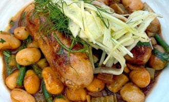 Bbq sausage, beans and fennel