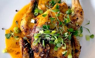 Grilled or roasted half chicken served on a white plate, topped with fresh microgreens, chopped spring onions, and herbs, with a pool of orange-brown sauce underneath.