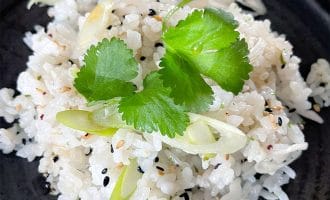 A close-up of a serving of seasoned white rice garnished with coriander leaves, sliced spring onions, and a sprinkle of black sesame seeds, presented on a dark plate.
