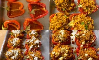 A four-panel collage shows red peppers being stuffed: halved peppers, peppers filled with rice mixture, then topped with crumbled cheese, and finally baked, golden with melted cheese.