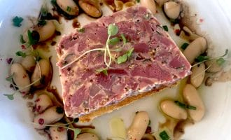 A rectangular slice of terrine garnished with microgreens sits in the centre of a plate, surrounded by white beans, chopped herbs, and a drizzle of sauce.