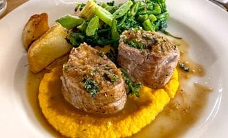 Pork with herb crumb & spiced carrot purée
