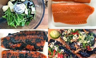 Four images show: 1) a food processor with herbs, ginger, and soy sauce, 2) two raw salmon fillets, 3) cooked salmon with a dark crust, 4) finished salmon garnished with herbs, chillies, and sesame seeds.