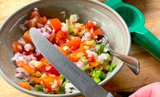 A hand holds a knife above a bowl of chopped tomatoes, onions, and green peppers. Nearby are a spoon, a green citrus squeezer, a bottle of white wine vinegar, and a bowl with a brown liquid.