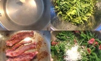 A four-panel image: garlic clove in a saucepan, cooked green beans in a colander, strips of bacon frying in a frying pan, and cooked green beans mixed with bacon and grated cheese in a frying pan.