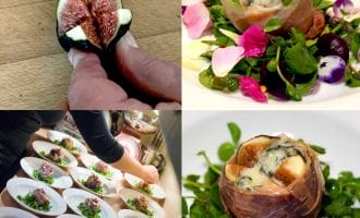 Four images: hands opening a fresh fig; a plate with a prosciutto-wrapped and cheese-stuffed fig on salad leaves and edible flowers; a chef plating many dishes; a close-up of the cheese-stuffed, prosciutto-wrapped baked fig on salad leaves.