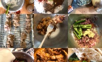 A collage of nine images showing steps of cooking: marinating meat, adding spices, grating ginger, skewering meat, mixing, sautéing onions and peppers, pouring cream, simmering meat in sauce, and serving with naan and coriander.