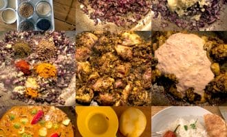A 3x3 grid showing steps of cooking a curry, from spices and chopped onions to adding chicken, sauce, and garnishing with rice, peppers, lemon, and herbs. One image shows squeezed lemons and a juicer.