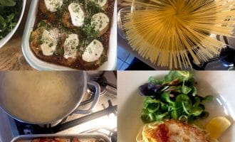 Four images show the process of making chicken parmigiana: breaded chicken with sauce and cheese before baking, uncooked spaghetti in a saucepan, spaghetti boiling, and the finished dish served with salad and lemon.