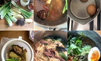 A collage shows steps of making noodle soup: ingredients on a table, broth simmering with vegetables, eggs boiling, broth being strained, noodles and vegetables cooking, and the finished soup garnished with herbs, sesame seeds, and half an egg.