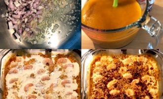 Four photos show the stages of making a prawn casserole: sautéing onions in butter, a bowl of orange sauce, prawns in a creamy sauce in a baking dish, and the finished baked prawn casserole with a golden top.