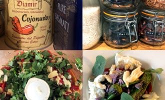 A collage of four images: tinned peppers and rice, jars of grains and dried chillies, chopped herbs and vegetables in a food processor, and a plated dish with vegetables, cheese, and edible flowers.