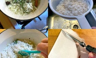 Four images: top left shows herbs and chopped onions in a saucepan; top right shows rice being rinsed with water in a sieve; bottom left shows rice being stirred into the saucepan; bottom right shows greaseproof paper being cut with scissors.