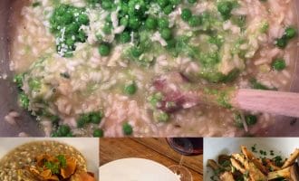 A collage of four dishes: creamy risotto with peas being stirred in a saucepan, chicken with risotto, green soup garnished with flowers, and sliced grilled meat over salad leaves.