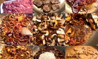 A nine-panel collage shows the step-by-step cooking process of a creamy beef and mushroom dish, from sliced raw ingredients to browned meat, sautéed onions and mushrooms, added spices, and a creamy sauce blending together.